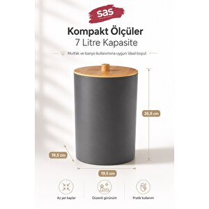 Sas Haus Bambu Desen Kapaklı Çöp Kovası 7 Litre Antrasit Plastik Banyo Mutfak Çöp Kutusu