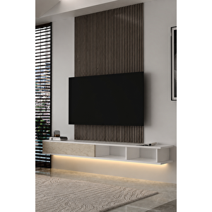 180dhdxtdalBA Mono Led Işikli Duvara Monte Tv Sehpasi Beyaz-Traverten Beyaz-Traverten Mermer