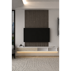 180dhdxtdalBA Mono Led Işikli Duvara Monte Tv Sehpasi Beyaz-Traverten Beyaz-Traverten Mermer