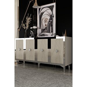 150dhdk4BTG Li̇na Lazer Pleksi̇ Desen Konsol Ve Tv Sehpasi, Üni̇tesi̇ Beyaz-Traverten-Gümüş Beyaz-Traverten-Silver