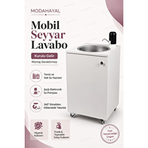 Mobil Lavabo Seyyar Lavabo Yeni Yönetmeliğe Uygun Model Şarjlı Elektronik Musluklu Çift Su Hazneli 360° Tekerlekli Paslanmaz Evyeli