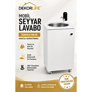 Yeni Yönetmeliğe Uygun Seyyar Mobil Lavabo Paslanmaz Evyeli 10 L Çift Hazneli Şarjlı Musluklu Tekerlekli Lavabo