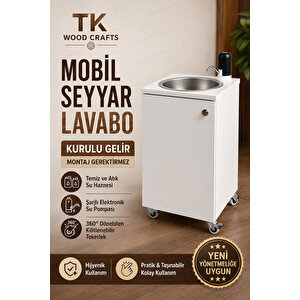 Premium Mobil Seyyar Lavabo Yeni Yönetmeliğe Uygun Tekerlekli Şarjlı Musluklu