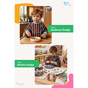 6 Ay-6 Yaş Silinebilir Uzun Kollu Bebek Mama Önlüğü, Çocuk Aktivite Önlüğü, Pamuklu, Sıvı Geçirmez İç Katmanlı Havlu Bebek Beslenme Önlüğü - Çizgili