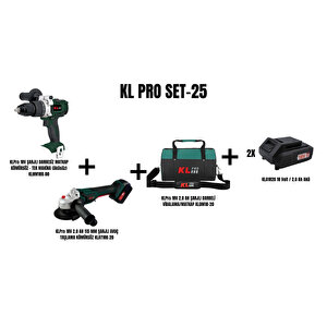 Klpro Set-25 (klpro 18v Şarjli Darbesi̇z Matkap Kömürsüz+18v 2.0 Ah 115 Mm Şarjli Avuç Taşlama kömürsüz+büyük Boy Taşima Çantasi)