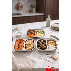 Stilo - 3'lü Fırınlanabilir 304 Kalite Paslanmaz Çelik Kase Güveç Bölmeli Tabak 650 Ml