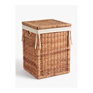 Branas Doğal Rattan Kirli Çamaşır Sepeti 80 Lt Kapaklı Ve Yıkanabilir Astarlı Hasır Sepet 40 X 40 X 57 Cm
