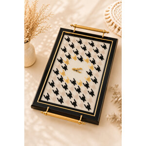 Rias - Gold Kulplu Dekoratif Cam Tepsi Dikdörtgen Çay Kahve Sunum Ve Servis Tepsisi 29,5 X 48 Cm