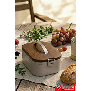 Lunchee - Çelik Bölmeli Sızdırmaz Ahşap Görünümlü Vakum Kapaklı Yemek Kabı Lunchbox 650 Ml