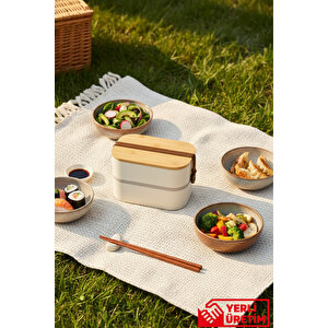 Line - 2 Katlı Kuşaklı Bambu Ve Vakum Kapaklı Çelik Hazneli Lunchbox 1000 Ml