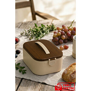 Lunchee - Çelik Bölmeli Sızdırmaz Ahşap Görünümlü Vakum Kapaklı Yemek Kabı Lunchbox 650 Ml
