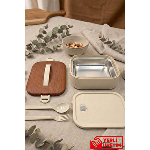 Lunchee - Düz Çelik Kaseli Sızdırmaz Ahşap Görünümlü Vakum Kapaklı Yemek Kabı Lunchbox 650 Ml