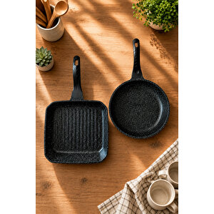 2’li Granit Tava Seti 26 Cm Yuvarlak Tava + Kare Grill Tava
