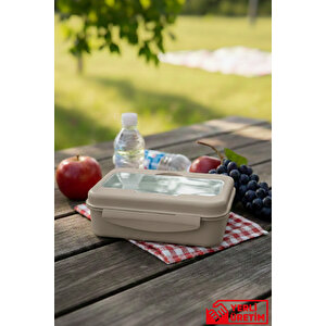 Flow - 3 Bölmeli Kaşık Çatal Hazneli Kilit Kapaklı Lunchox Beslenme Kutusu Seti 750 Ml
