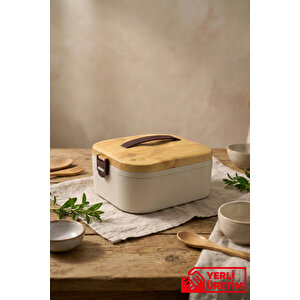 Lunchee - Çelik Bölmeli Sızdırmaz Bambu Görünümlü Vakum Kapaklı Yemek Kabı Lunchbox 650 Ml