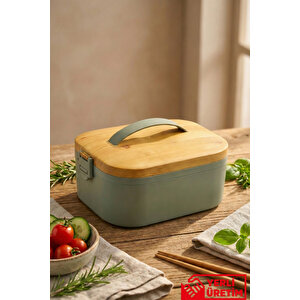 Lunchee - Çelik Bölmeli Sızdırmaz Bambu Görünümlü Vakum Kapaklı Yemek Kabı Lunchbox 650 Ml