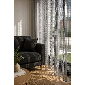 Gri File Örme 1/3 Sık Pile Kare Desen Tül Perde - Modern Ve Minimal Salon Ve Oda Tülü - 340x240 Cm 340x240 cm
