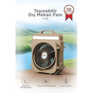 Şarjlı Masaüstü Vantilatör Kamp Tipi 4000 Mah Işıklı Taşınabilir Masa Fanı F53 Bej