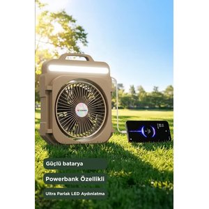Şarjlı Masaüstü Vantilatör Kamp Tipi 4000 Mah Işıklı Taşınabilir Masa Fanı F53 Bej