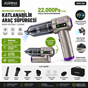 Auhma Ahv-06 22.000pa 6000mah Kablosuz Araç Süpürgesi Brushless Motor Katlanabilir Üfleme Çekme 3 Kademeli Gri-mor