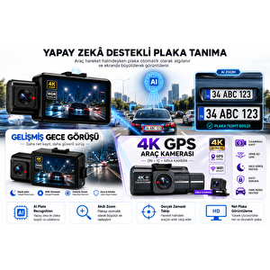 Bagajon Ryan Yapay Zeka Destekli 4k 3 Kameralı Araç Kamerası – Ön + İç + Arka Kayıt, Wifi, 24 Saat Park Kayıt Kiti Hediye