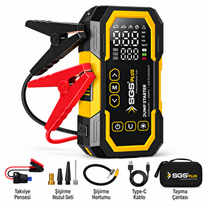Sgs Plus 4'ü 1 Arada Akım Korumalı Akü Takviye Cihazı – 12.000 Mah Powerbank, 150 Psi Lastik Şişirme, Led Fener