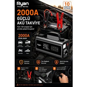 Bagajon Ryan Ry-p10 2000a Süpürgeli Akü Takviye + 150 Psi Lastik Şişirme 10'u 1 Arada – Üfleme, Powerbank, Led Fener