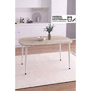 İskandinav Bohem Oval 60x90 Cm Beyaz Metal Ayaklı Traverten Desen Mutfak-yemek-balkon-çalışma Masası Luna Beyaz-Traverten Mermer