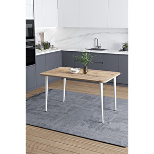 Damla 60x90 Cm İskandinav - Bohem Oval Köşe Beyaz Ayak Çam Desen Yemek -mutfak-balkon-çalışma Masası Atlantik Çam - Beyaz