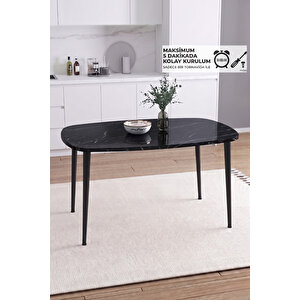 İskandinav Bohem Oval 60x90 Cm Metal Ayaklı Siyah Mermer Desen Mutfak-yemek-balkon-çalışma Masası Luna Siyah Mermer