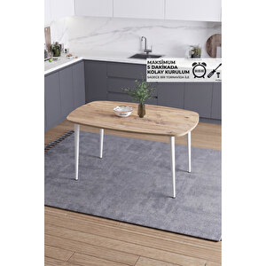 İskandinav Bohem Oval 70x110 Cm Beyaz Metal Ayaklı Çam Mutfak-yemek-balkon-çalışma Masası Luna Atlantik Çam - Beyaz