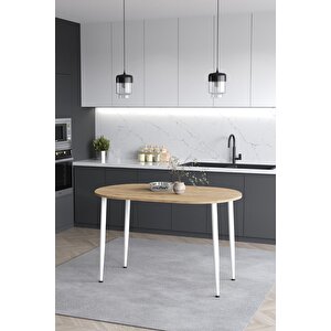 Melinda 60x90 Cm İskandinav - Bohem Oval Meşe Beyaz Ayak Mutfak - Yemek - Balkon - Çalışma Masası Meşe-Beyaz
