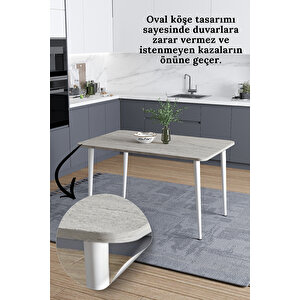 Damla 60x90 Cm İskandinav - Bohem Oval Köşe Traverten Beyaz Ayak Mutfak -yemek-balkon-çalışma Masası Beyaz-Traverten Mermer