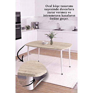 İskandinav Bohem Oval 70x110 Cm Beyaz Metal Ayaklı Traverten Desen Mutfak-yemek-balkon-çalışma Masası Luna Beyaz-Traverten Mermer