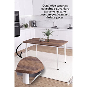 İskandinav Modern Oval Köşe 70x110 Cm Beyaz Metal Ayaklı Ceviz Mutfak-yemek-balkon-çalışma Masası Damla Ceviz Beyaz