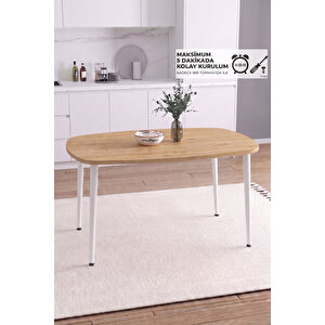 İskandinav Bohem Oval 60x90 Cm Beyaz Metal Ayaklı Meşe Mutfak-yemek-balkon-çalışma Masası Luna Meşe-Beyaz