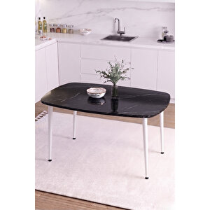 İskandinav Bohem Oval 70x110 Cm Beyaz Metal Ayaklı Siyah Mermer Desen Mutfak-yemek-balkon-çalışma Masası Luna Beyaz Siyah Mermer