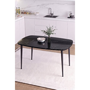 İskandinav Bohem Oval 70x110 Cm Metal Ayaklı Siyah Mermer Desen Mutfak-yemek-balkon-çalışma Masası Luna Siyah Mermer