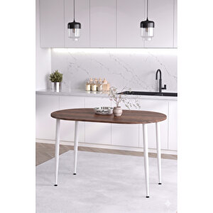 İskandinav Modern Oval 70x110 Cm Beyaz Metal Ayaklı Ceviz Mutfak-yemek-balkon-çalışma Masası Meli̇nda Ceviz Beyaz