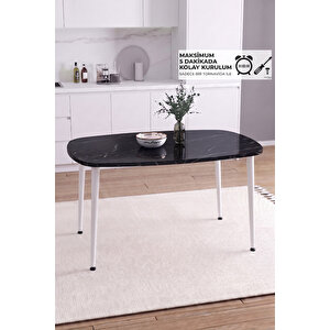 İskandinav Bohem Oval 60x90 Cm Beyaz Metal Ayaklı Siyah Mermer Desen Mutfak-yemek-balkon-çalışma Masası Luna Beyaz Siyah Mermer