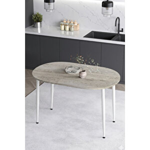 İskandinav Modern Oval 70x110 Cm Beyaz Metal Ayaklı Traverten Mutfak-yemek-balkon-çalışma Masası Meli̇nda Beyaz-Traverten Mermer