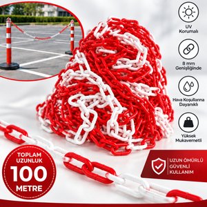 8 Mm Ekonomik İkaz Ürünü Plastik Kırmızı Beyaz 100 Metre Güvenlik Ve Bariyer Zinciri