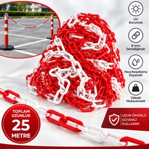 8 Mm Ekonomik İkaz Ürünü Plastik Kırmızı Beyaz 25 Metre Güvenlik Ve Bariyer Zinciri