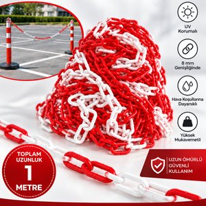 8 Mm Ekonomik İkaz Ürünü Plastik Kırmızı Beyaz 1 Metre Güvenlik Ve Bariyer Zinciri