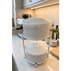 Victor Beyaz 2 Bölmeli Kapaklı Metal Sebzelik Patates Soğan Saklama Sepeti