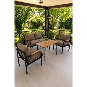 Duru Balkon, Bahçe, Güneşe Dayanikli Kumaş Cafe Metal Koltuk Takımı 2 1 1 Masalı Kapuçino Vizon Kumaş