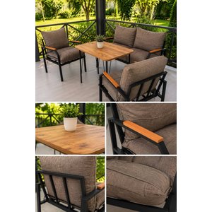 Duru Balkon, Bahçe, Güneşe Dayanikli Kumaş Cafe Metal Koltuk Takımı 2 1 1 Masalı Kapuçino Vizon Kumaş