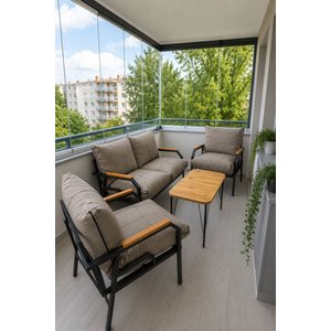 Kutay Balkon Takımı, Güneşe Dayanikli Kumaş Bahçe Takımı, Çay Seti Koltuk Takımı, Metal Kanepe 2-1-1 40x70 Sehpalı Kapuçino Vizon Kumaş