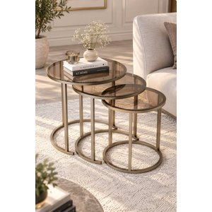 Milas C Zigon Sehpa, C Sehpa, Yan Sehpa,prinç Eskitme Rengi Metal - Temperli Bronz Cam