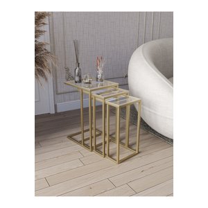 Mira 3lü Zigon Sehpa, Yan Sehpa, C Sehpa, Koltuk Altına Girebilen, Mat Gold (gold Eski̇tme) Metal- Temperli Şeffaf Cam